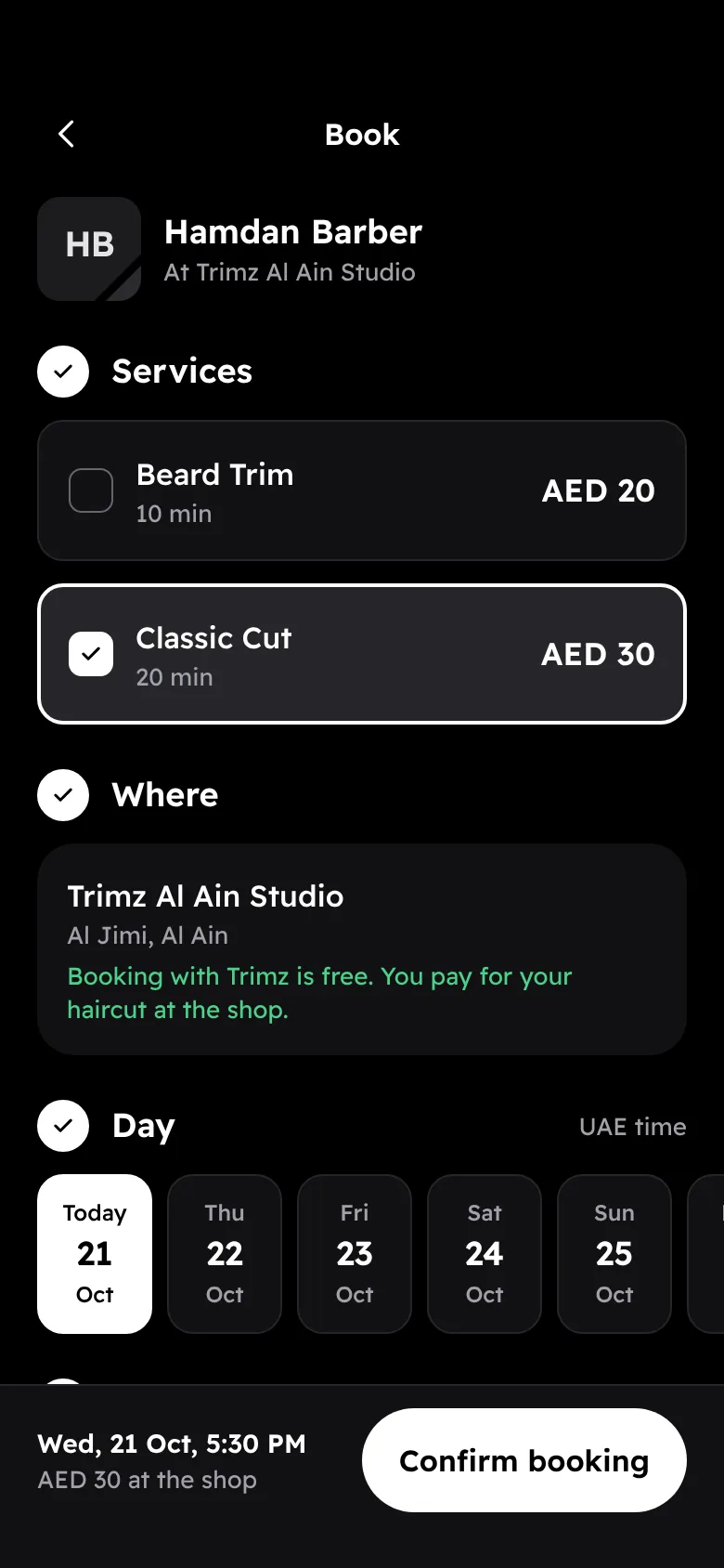 Trimz app booking screen: choose services, where, and a day, then confirm the booking.