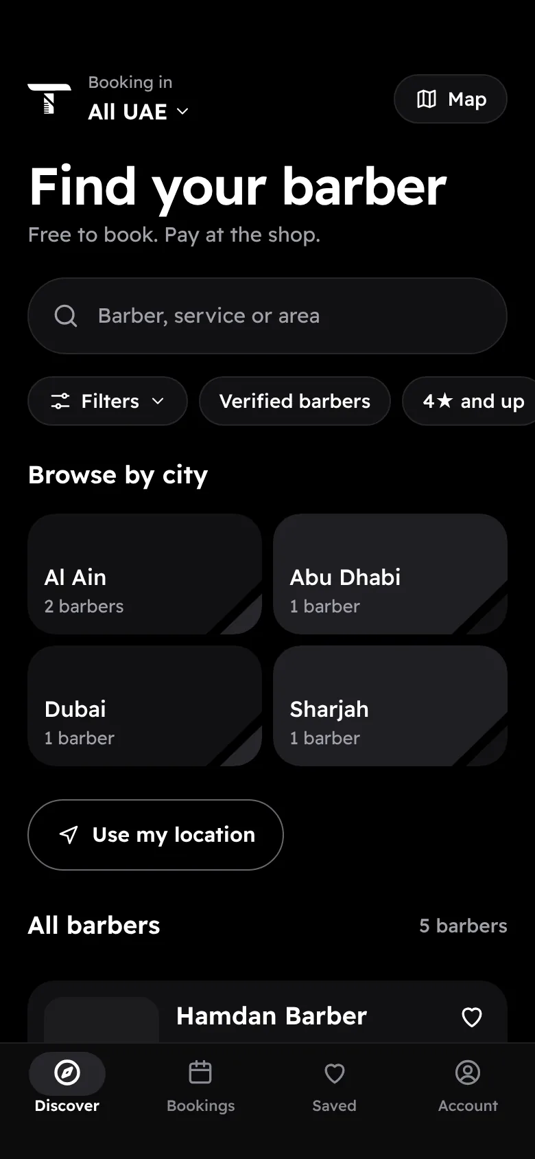 Trimz app Discover screen: “Find your barber”, a search for barber, service or area, filters and browse by city.