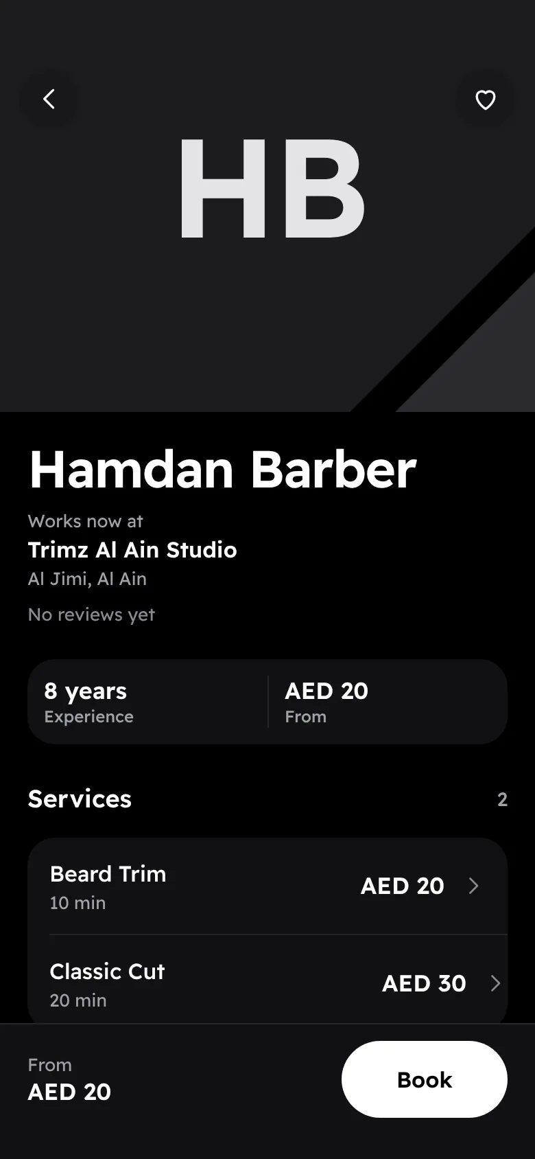 Trimz app barber profile for Hamdan Barber in Al Ain: Beard Trim 10 min, AED 20, and Classic Cut 20 min, AED 30.